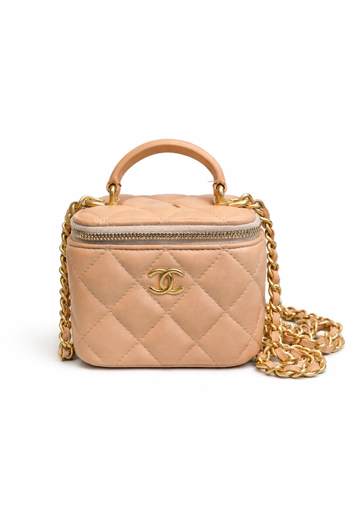 Chanel Mini Vanity Case with Chain in Beige Lambskin Leather with Gold Hardware - Gemaee  UAE