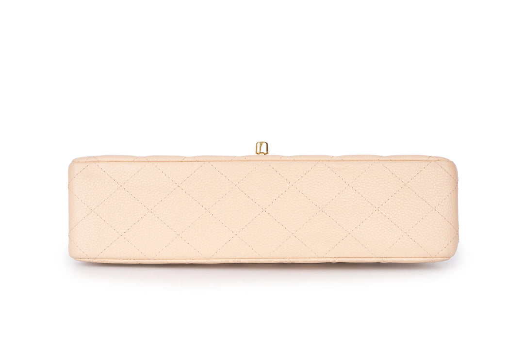 Chanel Classic Medium Double Flap Bag in Beige Caviar Leather with Light Gold Hardware