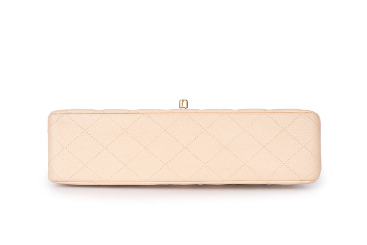 Chanel Classic Medium Double Flap Bag in Beige Caviar Leather with Light Gold Hardware