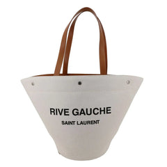 Saint Laurent Rive Gauche North-South Tote Bag in Ecru Canvas with Brown Leather Handles