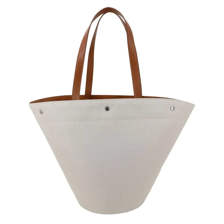 Saint Laurent Rive Gauche North-South Tote Bag in Ecru Canvas with Brown Leather Handles - Gemaee  UAE