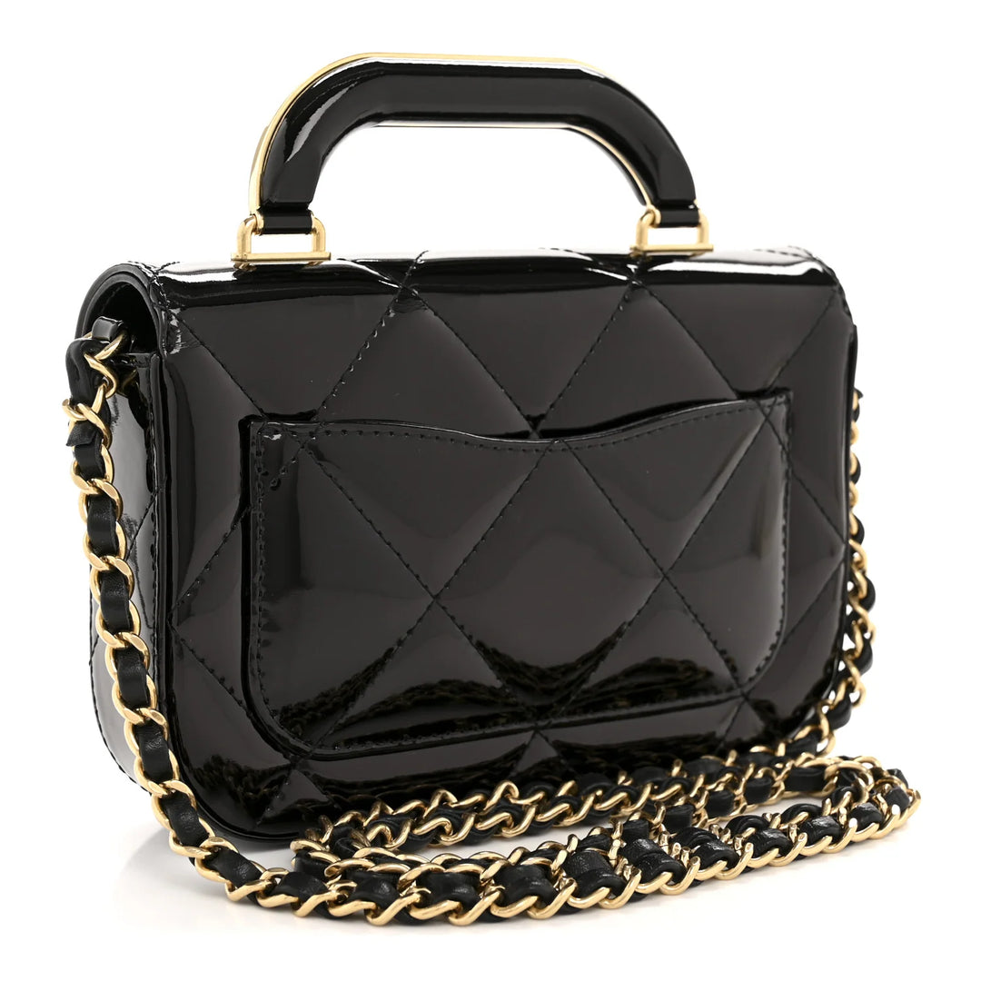 CHANEL Patent Mini Top Handle Clutch with Chain in Black