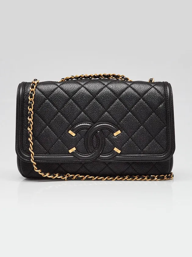Chanel CC Filigree Wallet on Chain in Black Quilted Caviar Leather with Gold Hardware