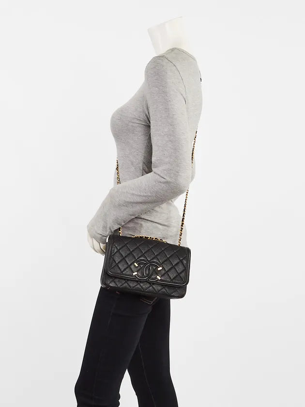 Chanel CC Filigree Wallet on Chain in Black Quilted Caviar Leather with Gold Hardware