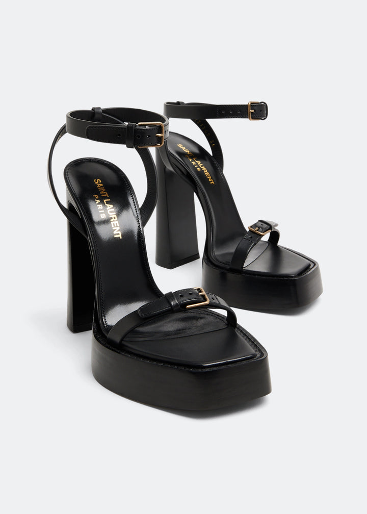 Saint Laurent Platz Platform Sandals in Black Calf Leather with Gold-Tone Hardware