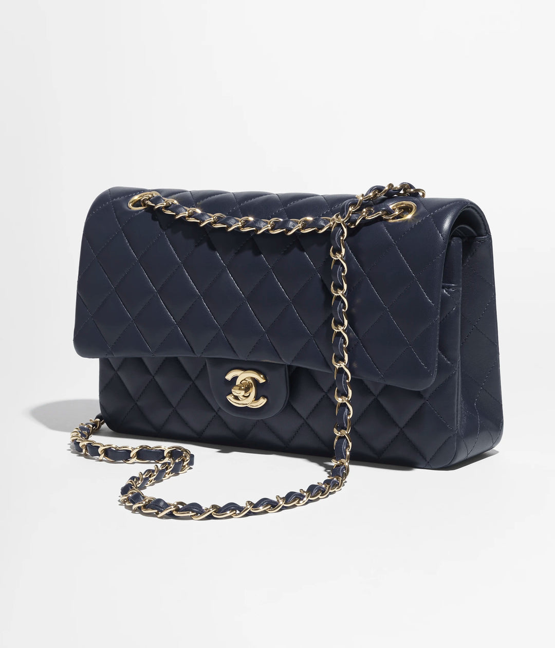 Chanel Medium Classic Double Flap Bag in Navy Blue Lambskin Leather with Gold Hardware - Gemaee  UAE