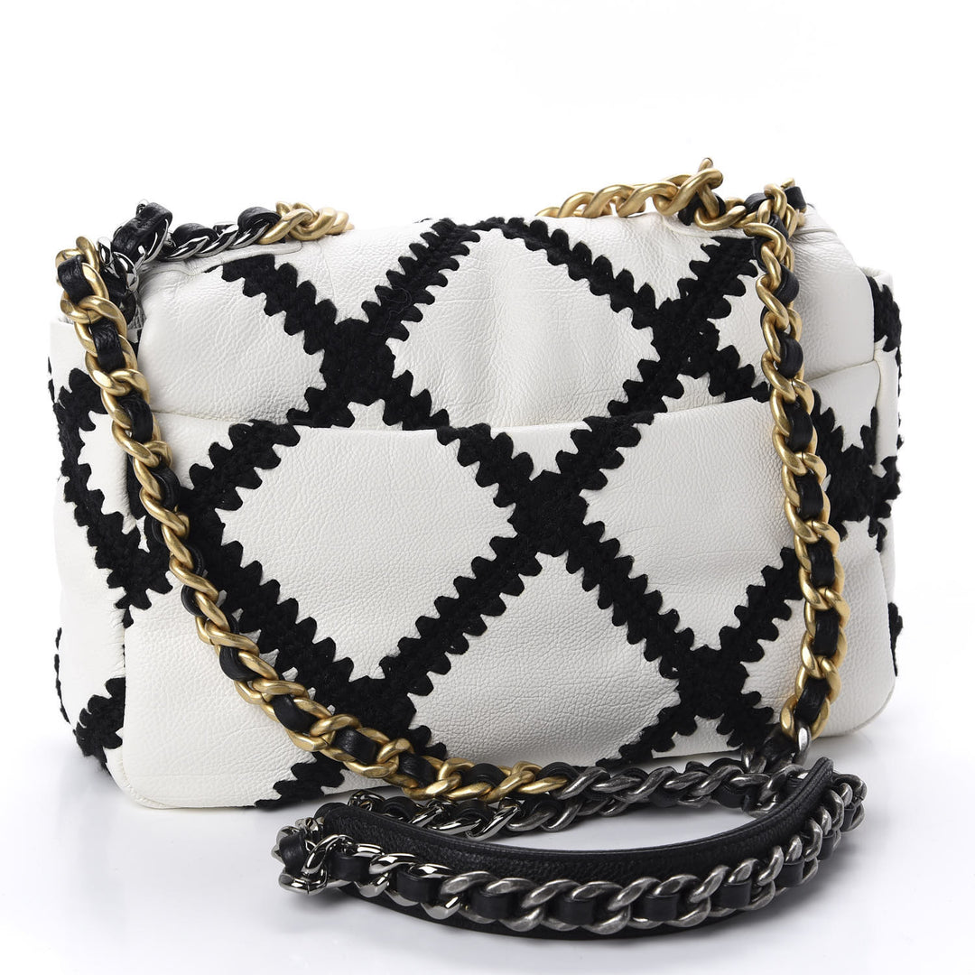 Chanel Calfskin Crochet Medium Chanel 19 Flap White Black Bag