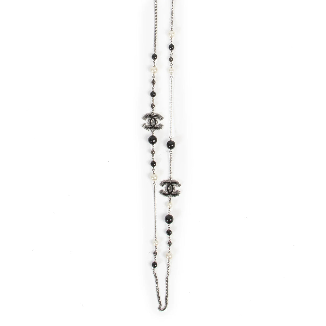 Chanel Black Beaded & Crystal CC Long Necklace in Ruthenium Finish Metal