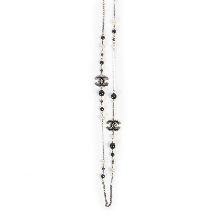 Chanel Black Beaded & Crystal CC Long Necklace in Ruthenium Finish Metal