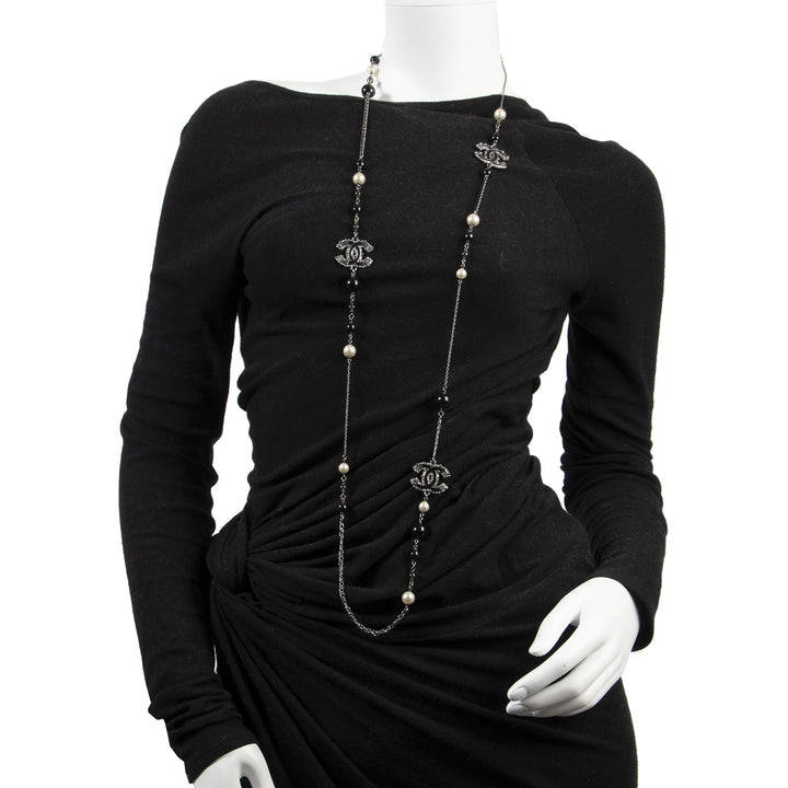Chanel Black Beaded & Crystal CC Long Necklace in Ruthenium Finish Metal