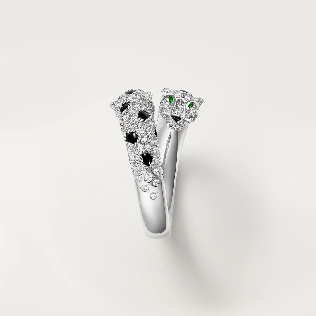 Cartier Panthère de Cartier Semi Paved Ring in 18K White Gold with Diamonds Emeralds and Onyx - Gemaee  UAE