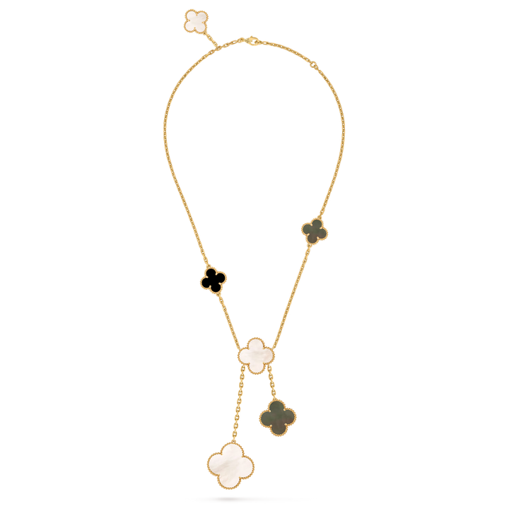 Van Cleef & Arpels Magic Alhambra 6 Motifs Necklace in 18K Yellow Gold with Mother of Pearl & Onyx