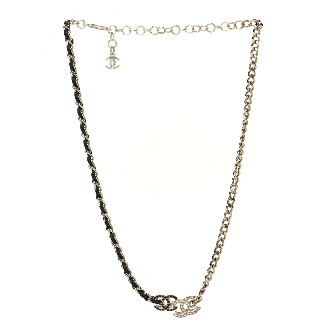 CHANEL Black Calfskin & Crystal Double CC Short Necklace with Gold-Tone Hardware