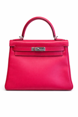 Hermès Kelly 28 Bag in Red Box Leather with Palladium Hardware and Pink Interior