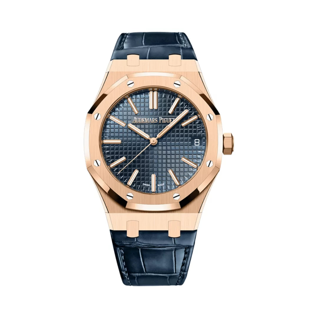 Audemars Piguet Royal Oak 41 mm Selfwinding Watch in 18k Rose Gold with Blue Dial and Blue Leather Strap - Gemaee  UAE