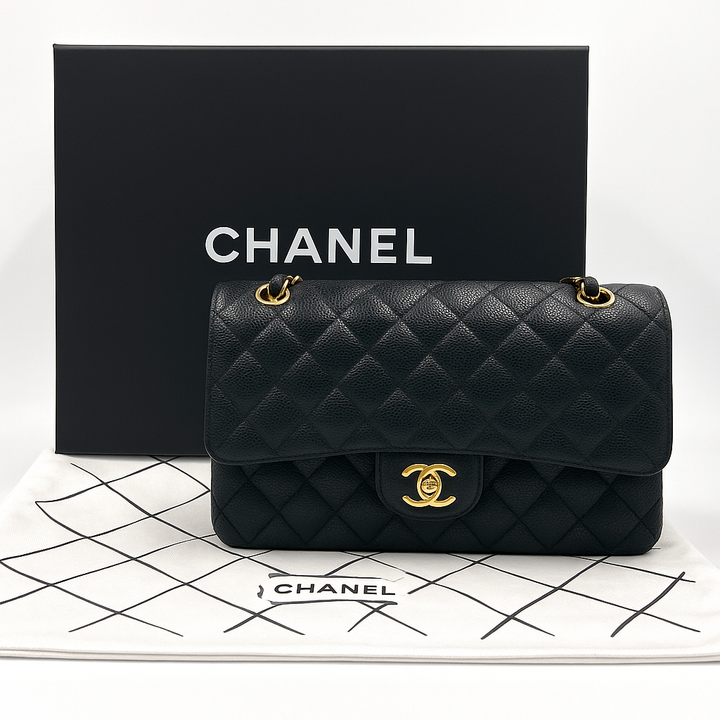 Chanel Medium Classic Double Flap Bag in Black Caviar Leather with Gold Hardware