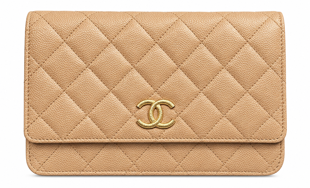 CHANEL Classic Wallet on Chain in Beige Grained Calfskin with Textured Gold Tone CC Hardware