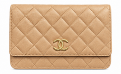 CHANEL Classic Wallet on Chain in Beige Grained Calfskin with Textured Gold Tone CC Hardware