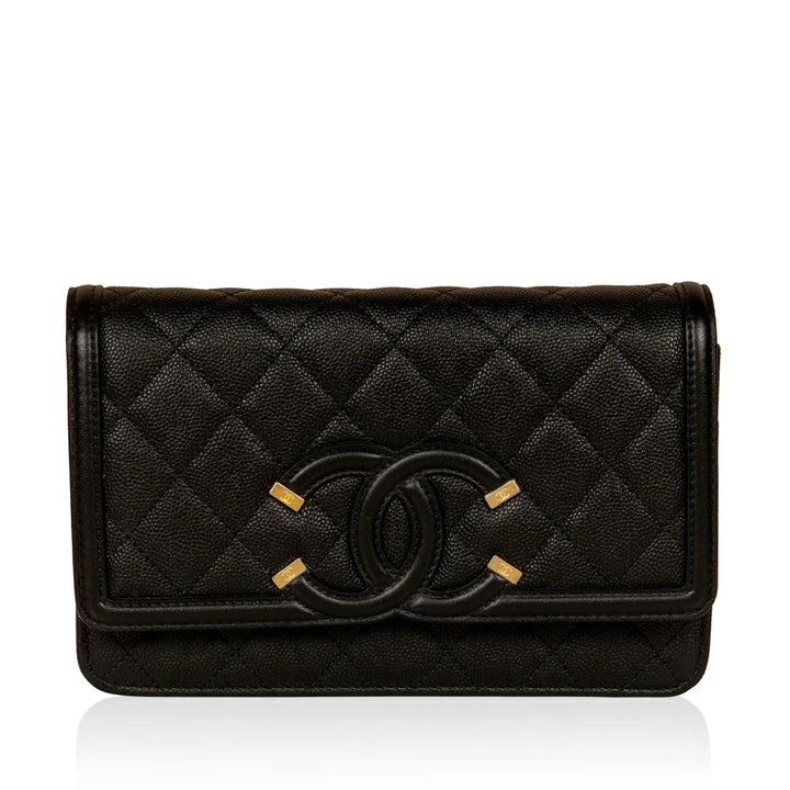 Chanel CC Filigree Wallet on Chain in Black Quilted Caviar Leather with Gold Hardware