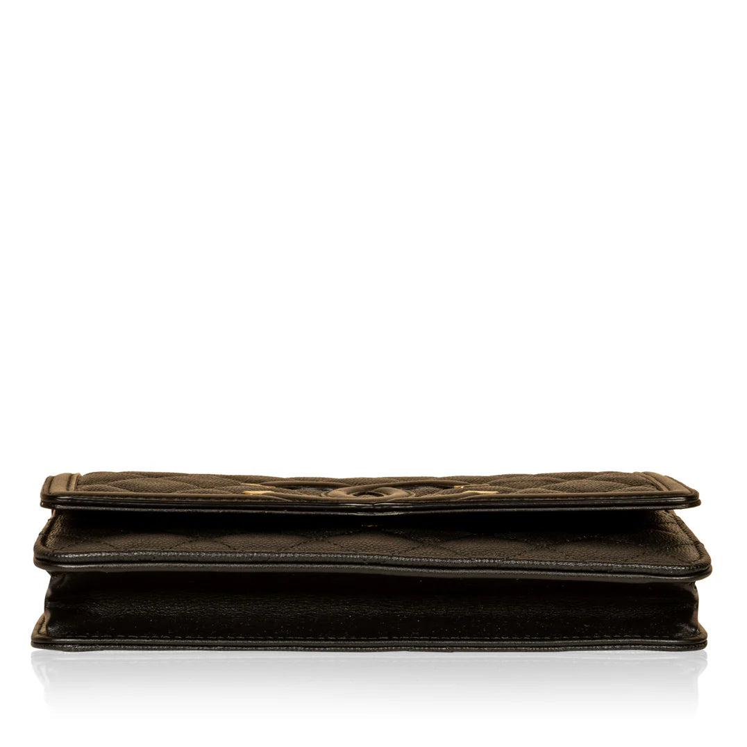 Chanel CC Filigree Wallet on Chain in Black Quilted Caviar Leather with Gold Hardware