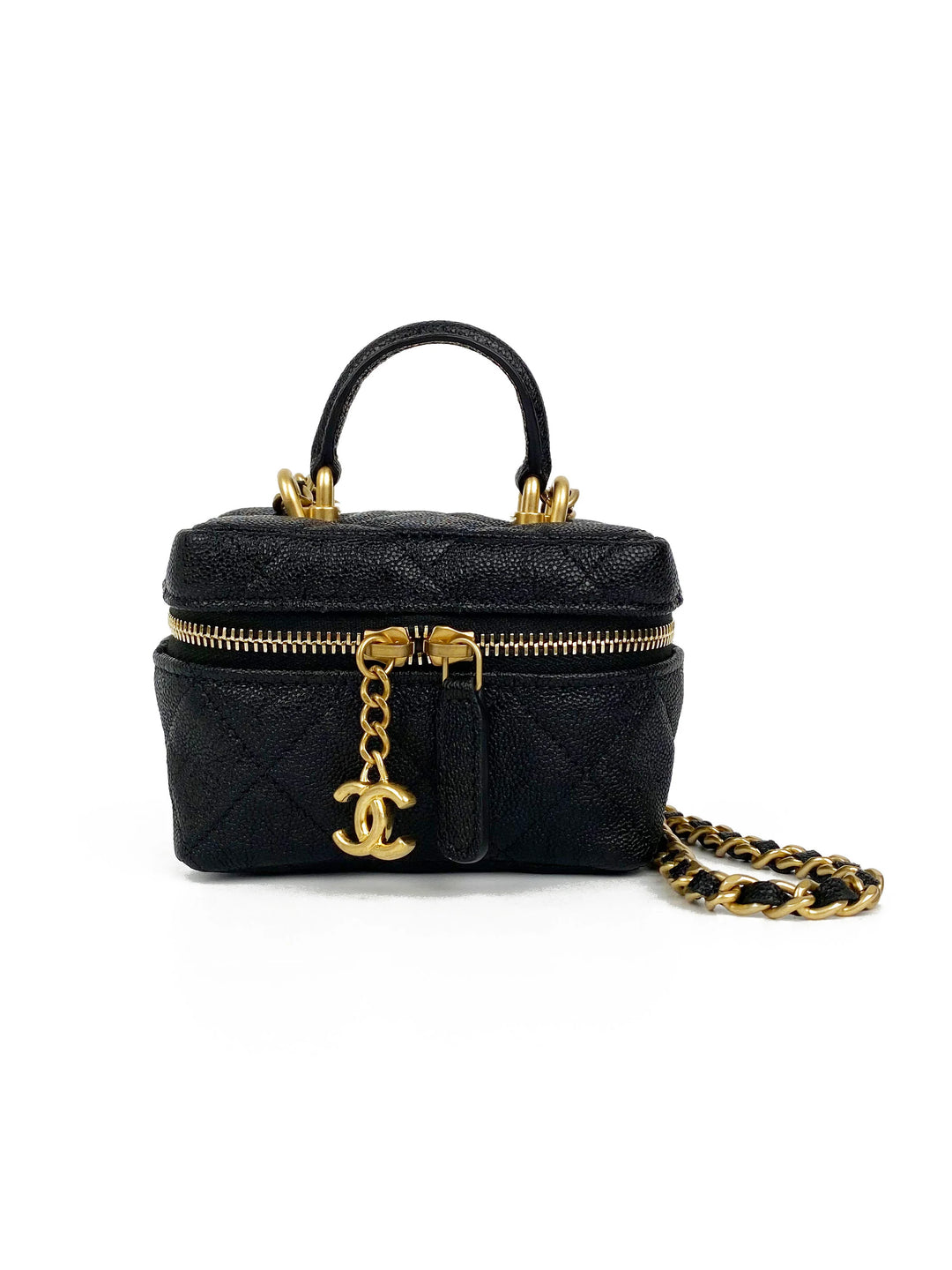 Chanel Mini Vanity Case with Chain in Black Quilted Caviar Leather with Gold Hardware - Gemaee  UAE