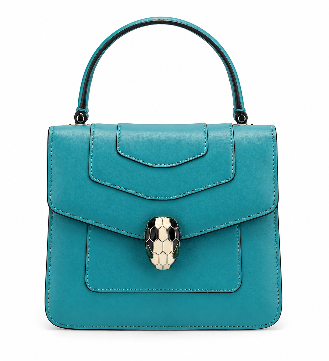 Bulgari Serpenti Forever Top Handle Bag in Turquoise Blue Leather with Gold Hardware