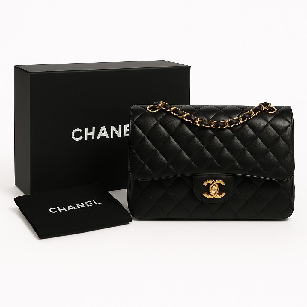 Chanel Jumbo Classic Double Flap Bag in Black Quilted Lambskin with Gold-Tone Hardware