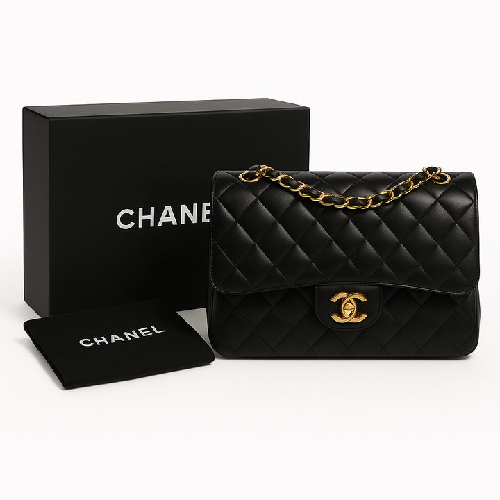 Chanel Jumbo Classic Double Flap Bag in Black Quilted Lambskin with Gold-Tone Hardware