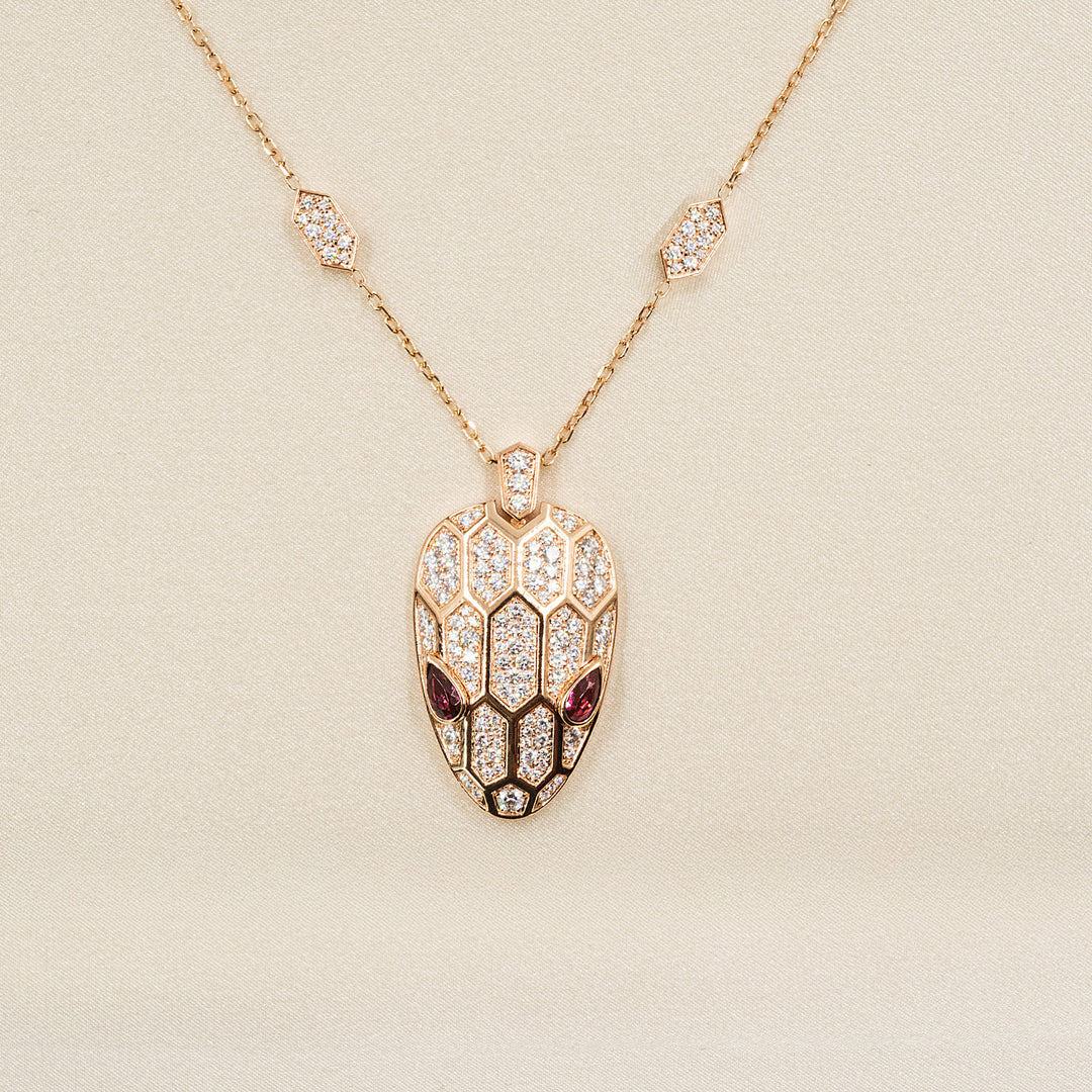 Bulgari Serpenti Necklace in 18K Rose Gold with Pavé Diamonds and Rubellite Eyes - Gemaee  UAE