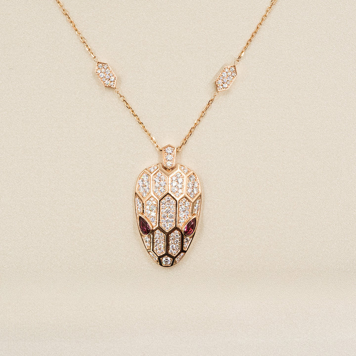 Bulgari Serpenti Necklace in 18K Rose Gold with Pavé Diamonds and Rubellite Eyes - Gemaee  UAE