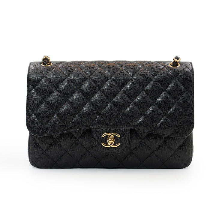 Chanel Large Classic Double Flap Bag in Black Caviar Leather with Gold Hardware