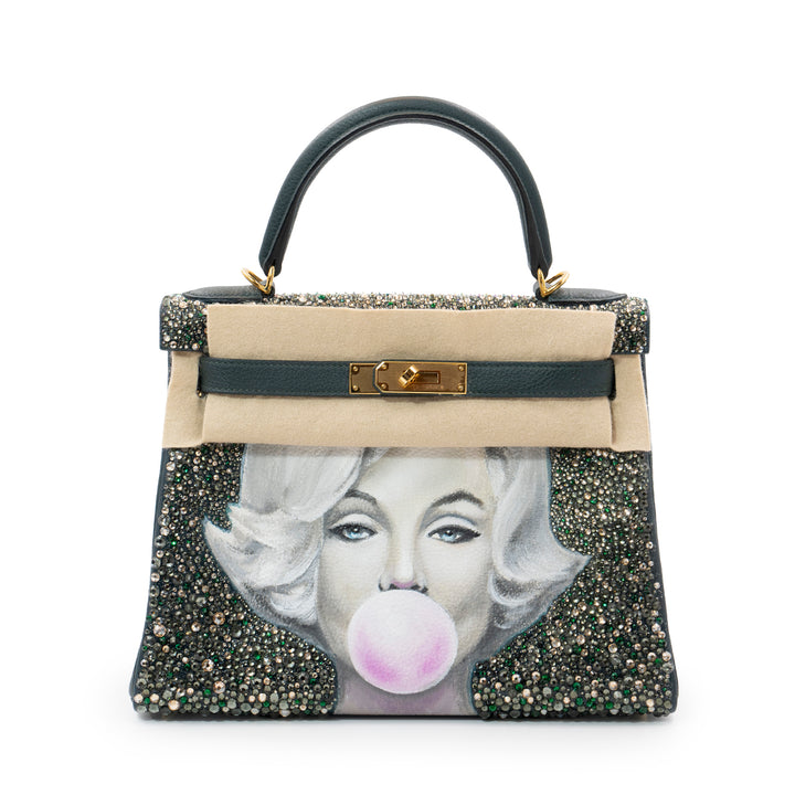 Hermès Kelly 28 Vert Cyprès Veau Togo Leather Bag with Gold Hardware with Hand Paint design