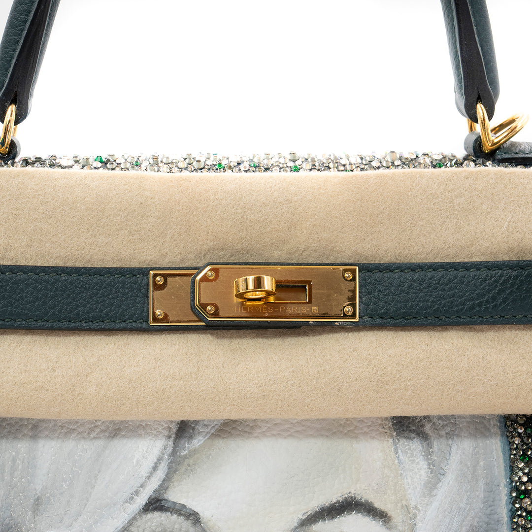 Hermès Kelly 28 Vert Cyprès Veau Togo Leather Bag with Gold Hardware with Hand Paint design
