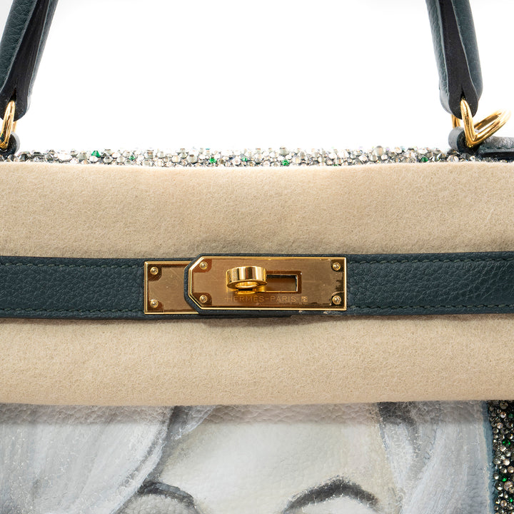 Hermès Kelly 28 Vert Cyprès Veau Togo Leather Bag with Gold Hardware with Hand Paint design