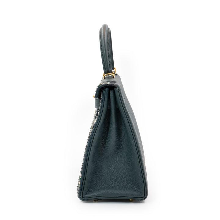 Hermès Kelly 28 Vert Cyprès Veau Togo Leather Bag with Gold Hardware with Hand Paint design