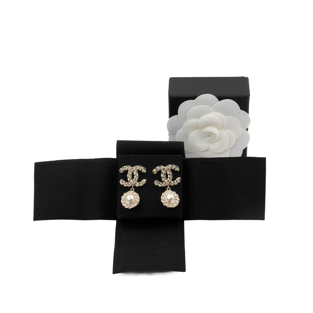 Chanel Pale Gold Tone Crystal & Faux Pearl CC Drop Earrings