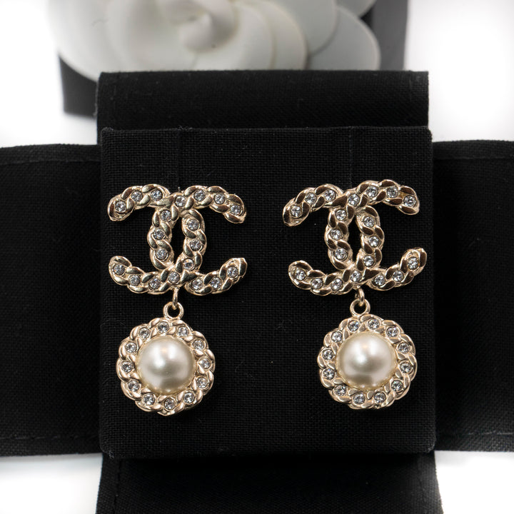 Chanel Pale Gold Tone Crystal & Faux Pearl CC Drop Earrings