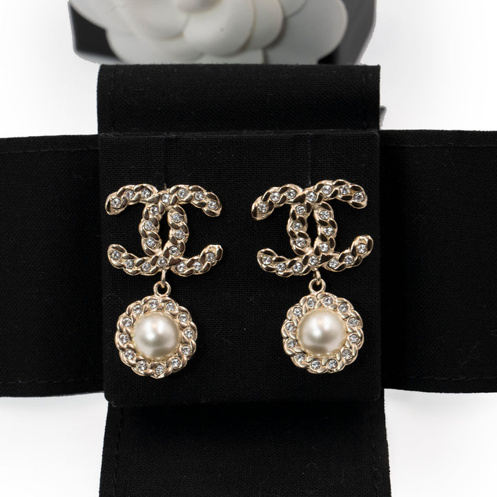 Chanel Pale Gold Tone Crystal & Faux Pearl CC Drop Earrings