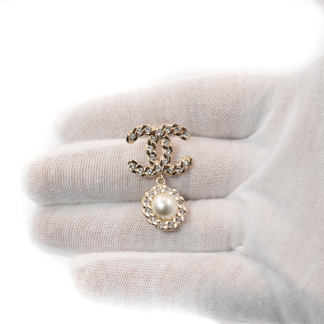 Chanel Pale Gold Tone Crystal & Faux Pearl CC Drop Earrings
