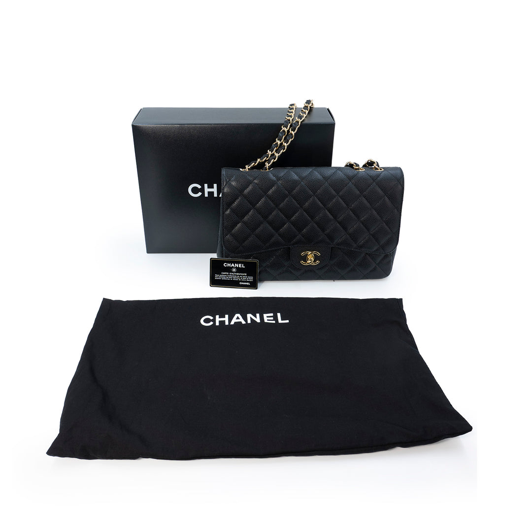 Chanel Classic Jumbo Single Flap Bag in Black Caviar Leather with Gold Hardware