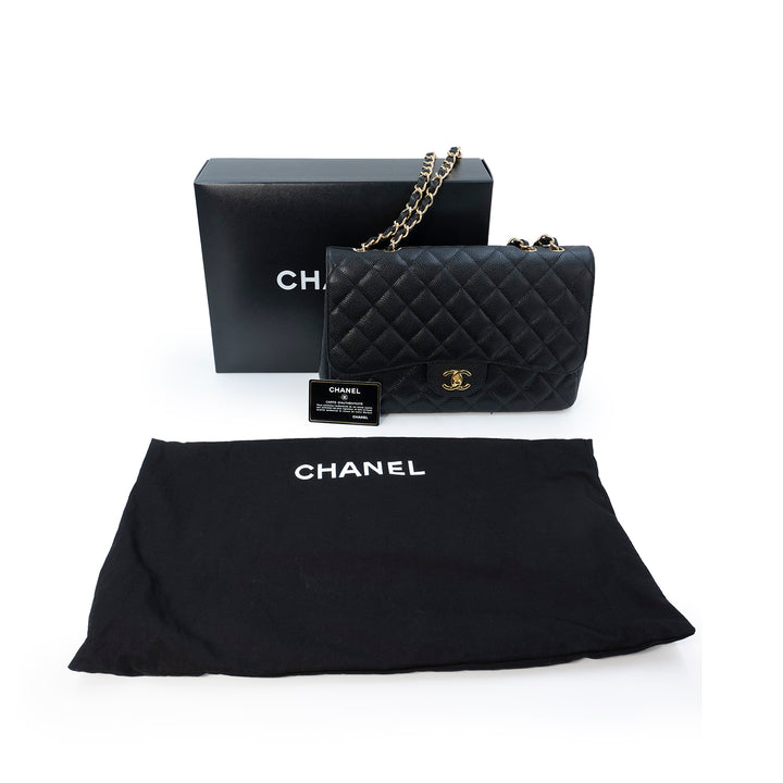 Chanel Classic Jumbo Single Flap Bag in Black Caviar Leather with Gold Hardware