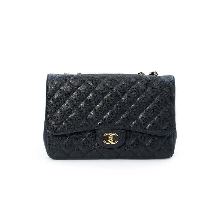 Chanel Classic Jumbo Single Flap Bag in Black Caviar Leather with Gold Hardware