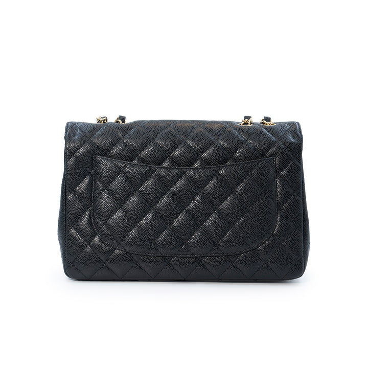 Chanel Classic Jumbo Single Flap Bag in Black Caviar Leather with Gold Hardware