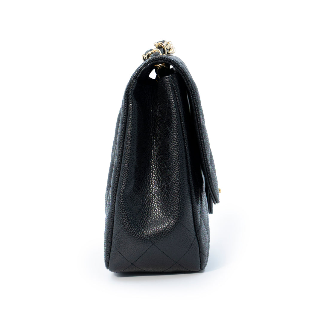 Chanel Classic Jumbo Single Flap Bag in Black Caviar Leather with Gold Hardware