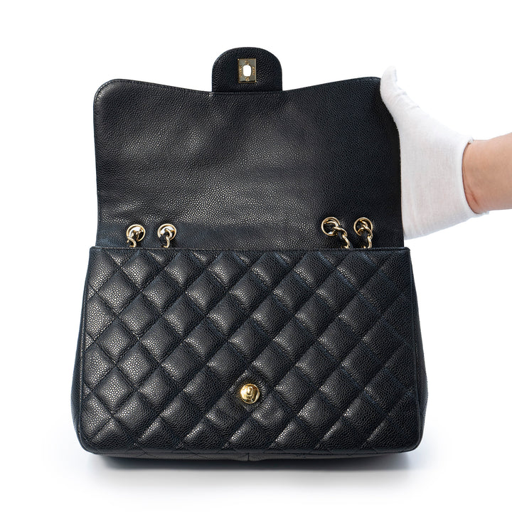 Chanel Classic Jumbo Single Flap Bag in Black Caviar Leather with Gold Hardware