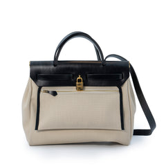Hermès Herbag Zip 31 Retourne Bag in Béton Canvas with Noir Veau Bétis Leather Trim and Gold Hardware