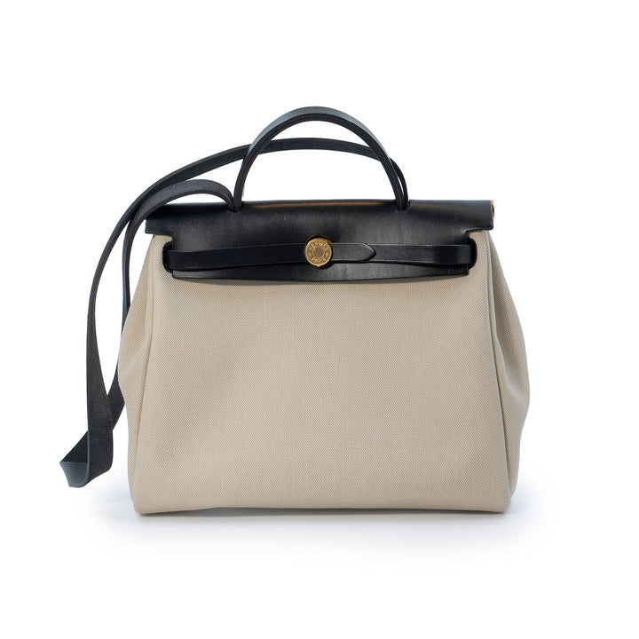 Hermès Herbag Zip 31 Retourne Bag in Béton Canvas with Noir Veau Bétis Leather Trim and Gold Hardware