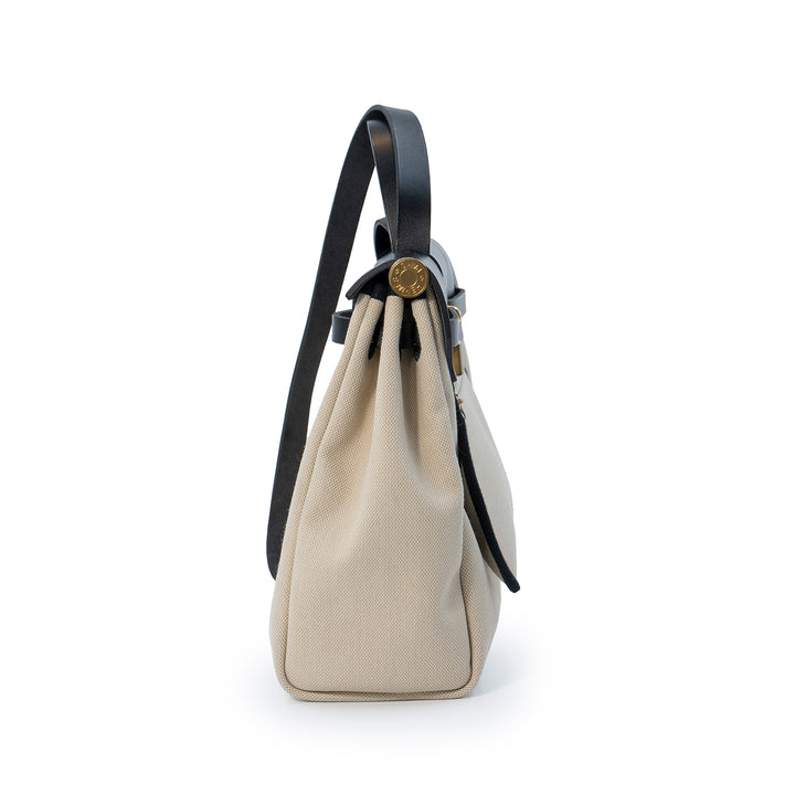 Hermès Herbag Zip 31 Retourne Bag in Béton Canvas with Noir Veau Bétis Leather Trim and Gold Hardware