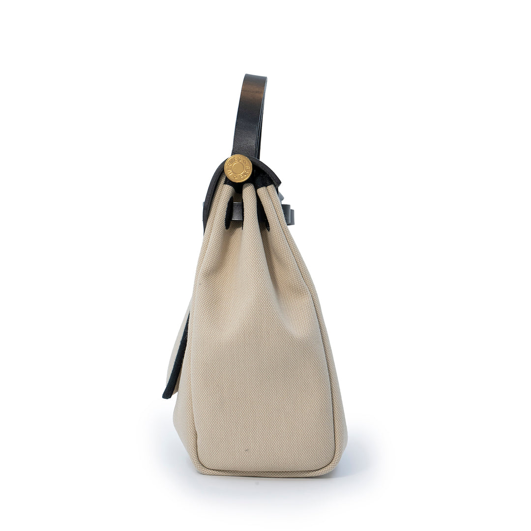 Hermès Herbag Zip 31 Retourne Bag in Béton Canvas with Noir Veau Bétis Leather Trim and Gold Hardware