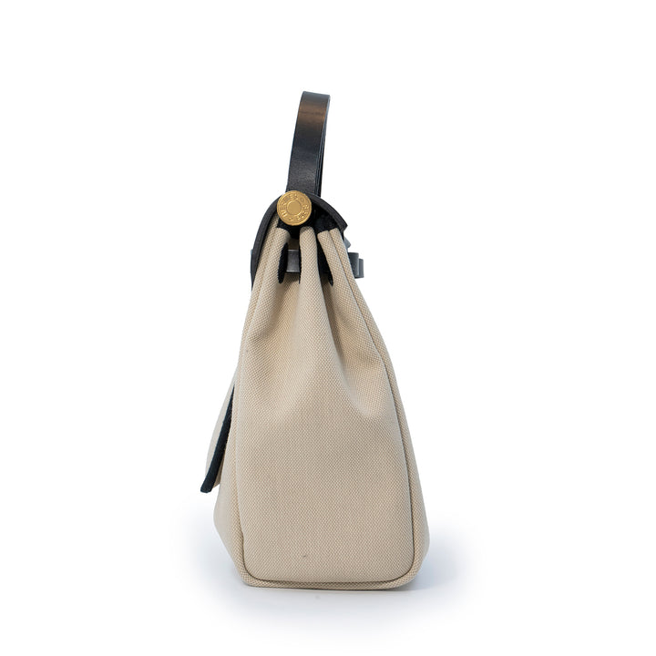 Hermès Herbag Zip 31 Retourne Bag in Béton Canvas with Noir Veau Bétis Leather Trim and Gold Hardware